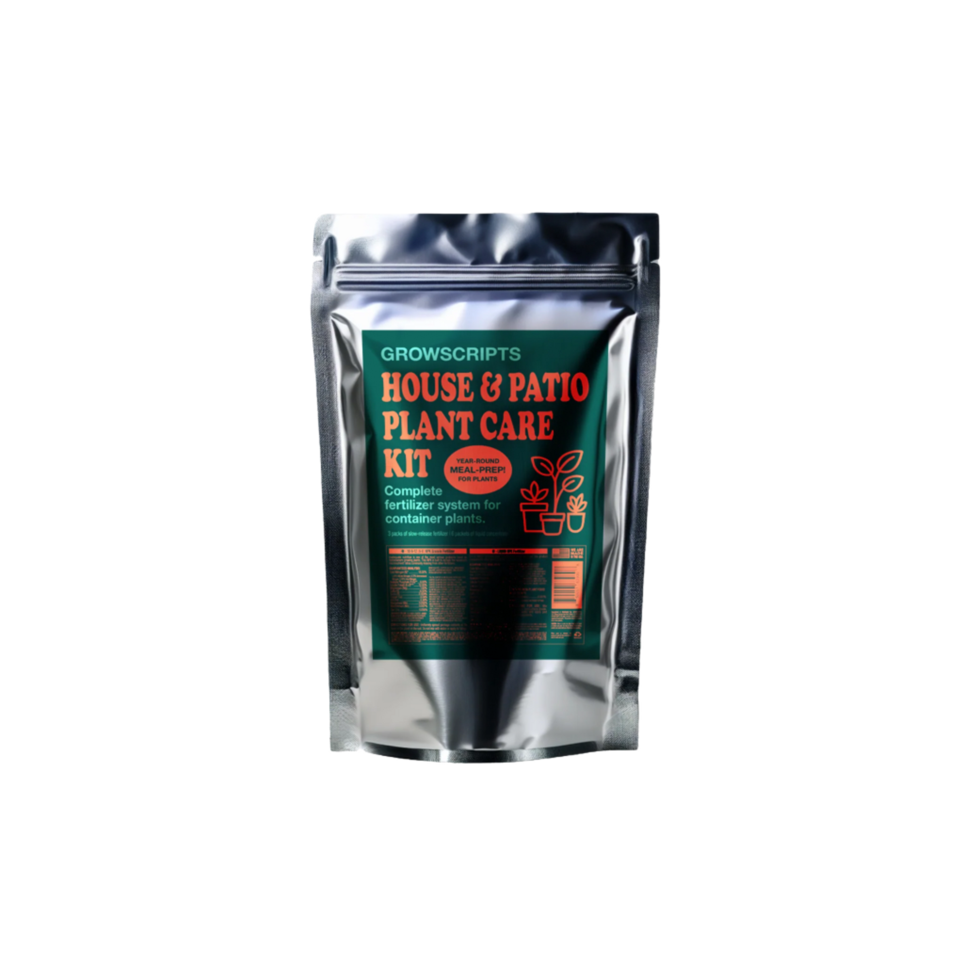 GrowScripts House & Patio Plant Care Kit fertilizer bag, silver pouch, Live Good Logistics on Tampa Home & Garden Store