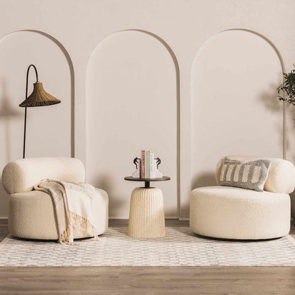 Benjy Cream & Light Blue Checkered Area Rug in a living room with two cream boucle chairs on Tampa Home & Garden Store