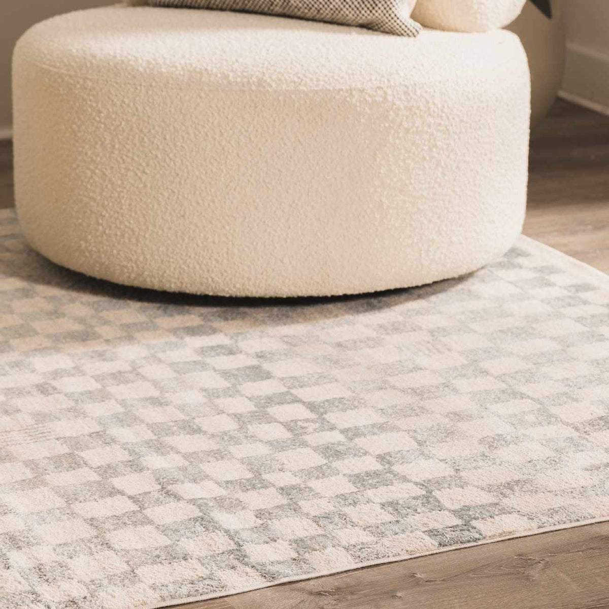 Benjy cream & light blue checkered area rug with plush tufted texture on wood floor on Tampa Home & Garden Store