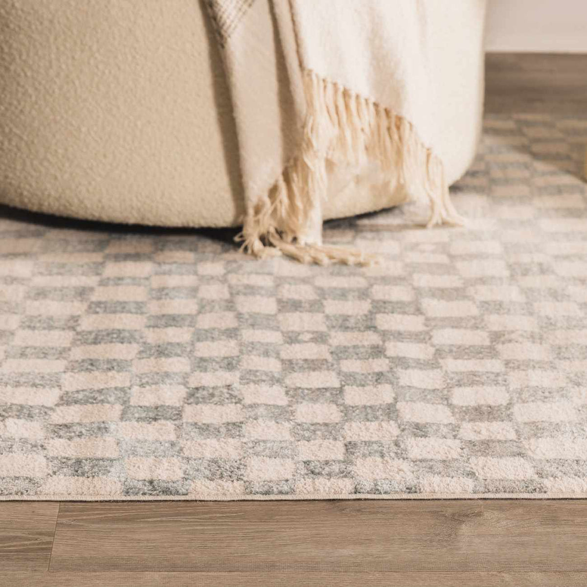 Benjy cream & light blue checkered area rug under a beige sofa with fringe on wood floor on Tampa Home & Garden Store
