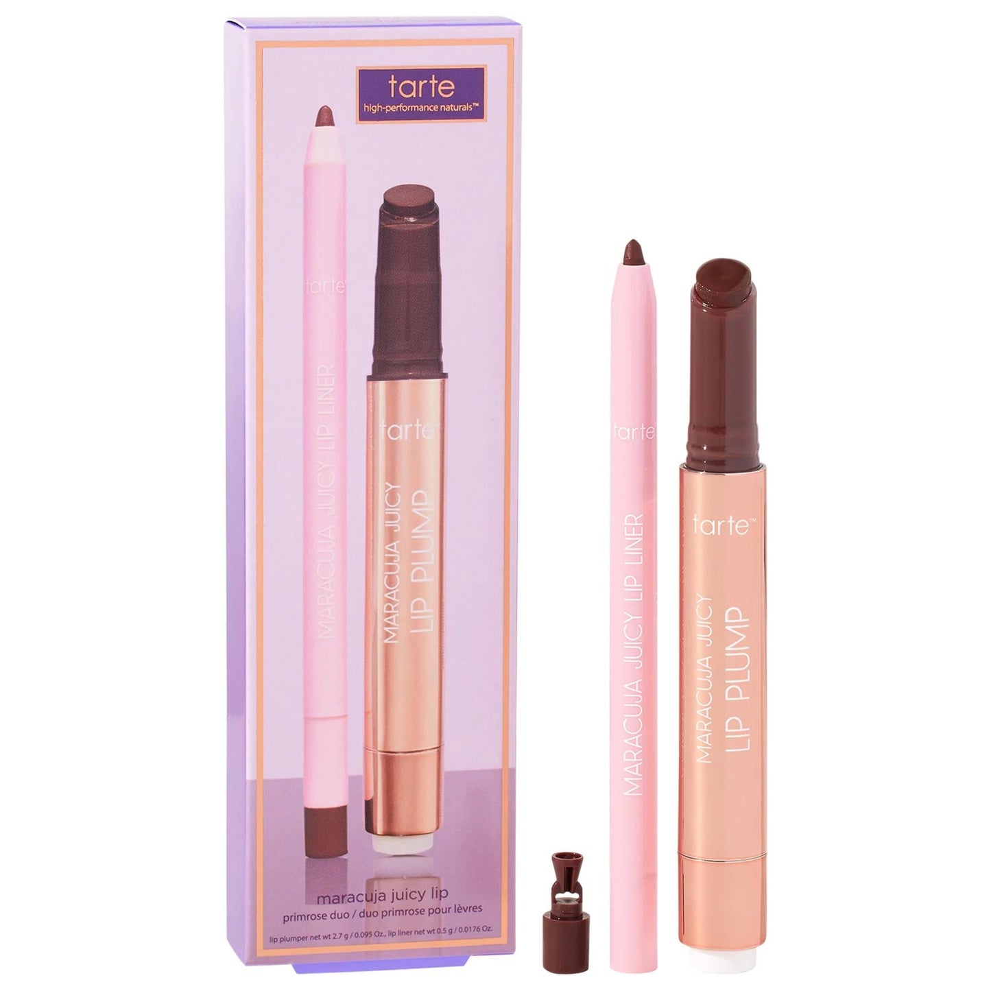 tarte Maracuja Juicy Lip Plump & Liner Duo with pink liner and brown plumper lavender packaging on Tampa Home & Garden Store