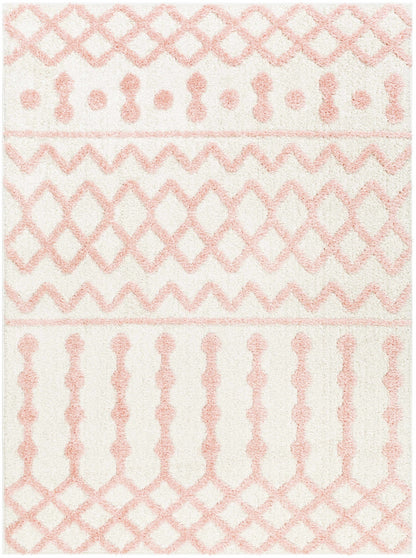 Darva Pink Plush Area Carpet by Boutique Rugs with cream backdrop and pink lattice pattern on Tampa Home & Garden Store