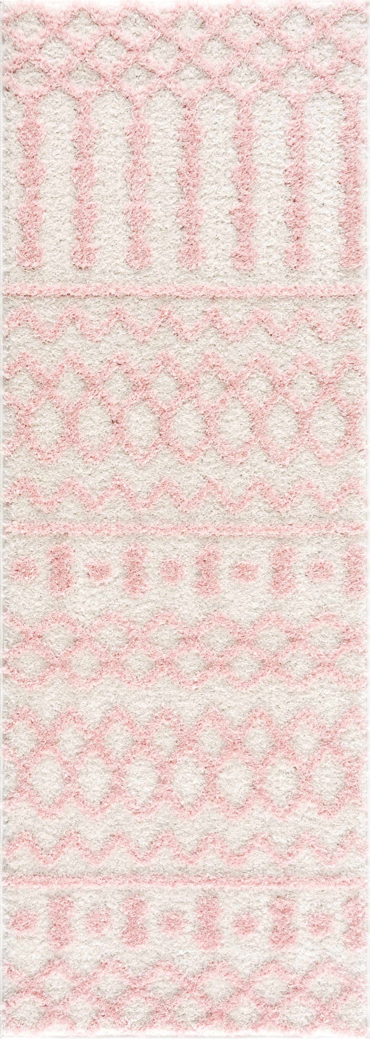 Darva Pink Plush Area Carpet with white base and pink geometric motifs Boutique Rugs on Tampa Home & Garden Store