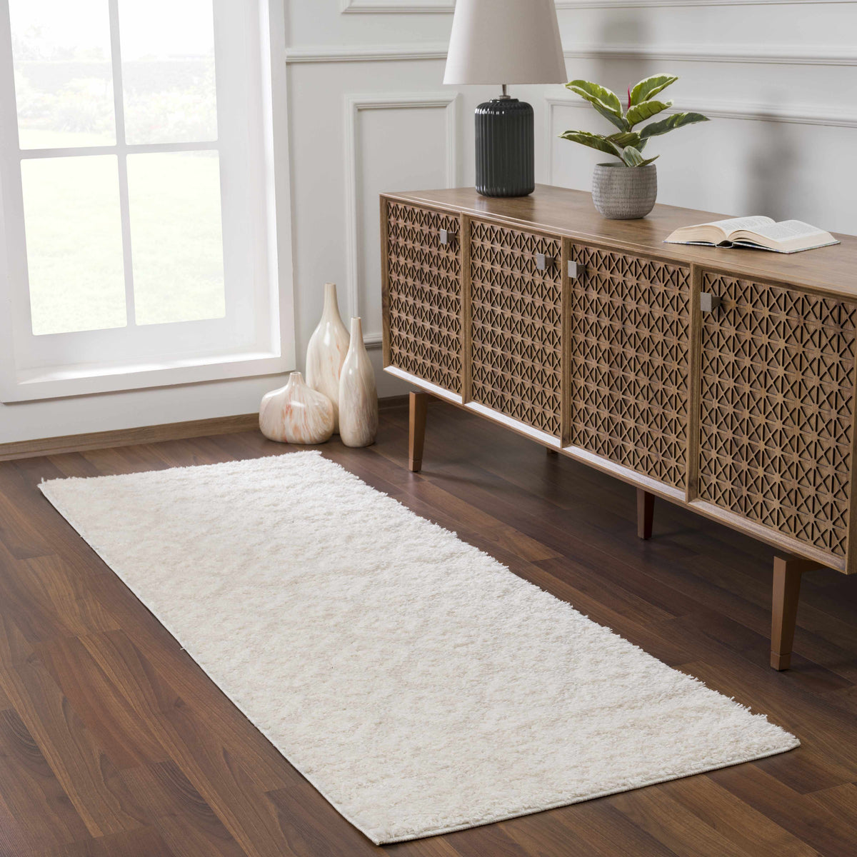 Eivin Cream Diamonds Plush Rug, cream plush shag on hardwood floor with cozy texture on Tampa Home & Garden Store