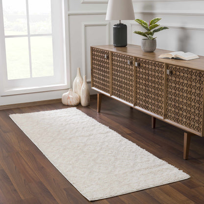 Eivin Cream Diamonds Plush Rug, cream plush shag on hardwood floor with cozy texture on Tampa Home & Garden Store