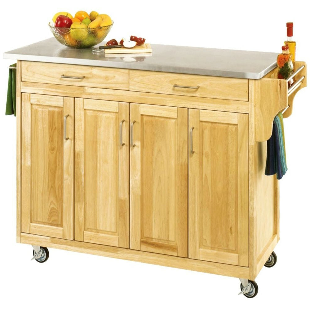Isla Carrito de Cocina de Madera con Ruedas y Encimera de Acero Inoxidable