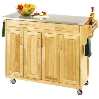 Isla Carrito de Cocina de Madera con Ruedas y Encimera de Acero Inoxidable