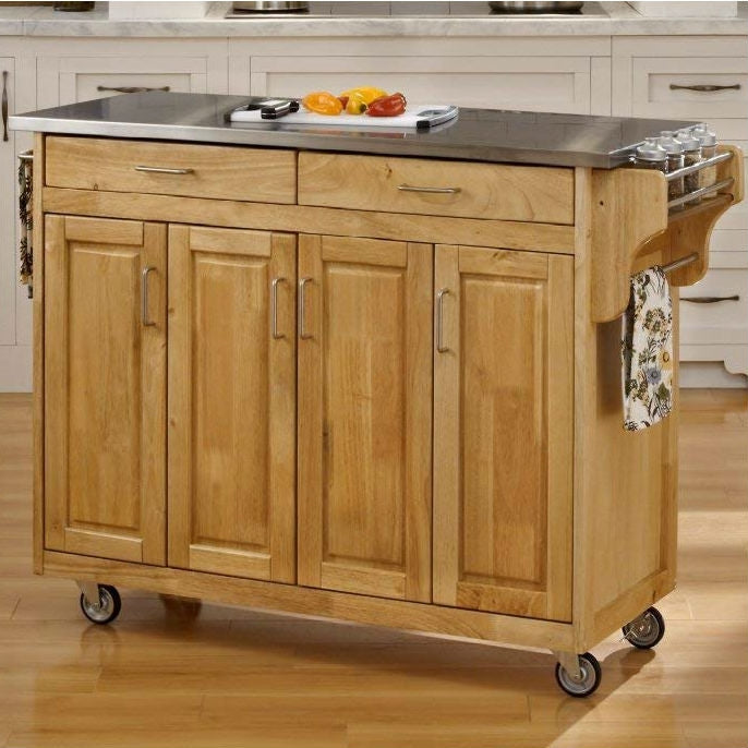 Isla Carrito de Cocina de Madera con Ruedas y Encimera de Acero Inoxidable