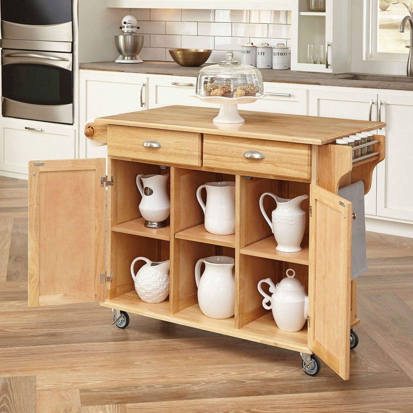 Carrito de cocina con isla de madera natural con ruedas con freno