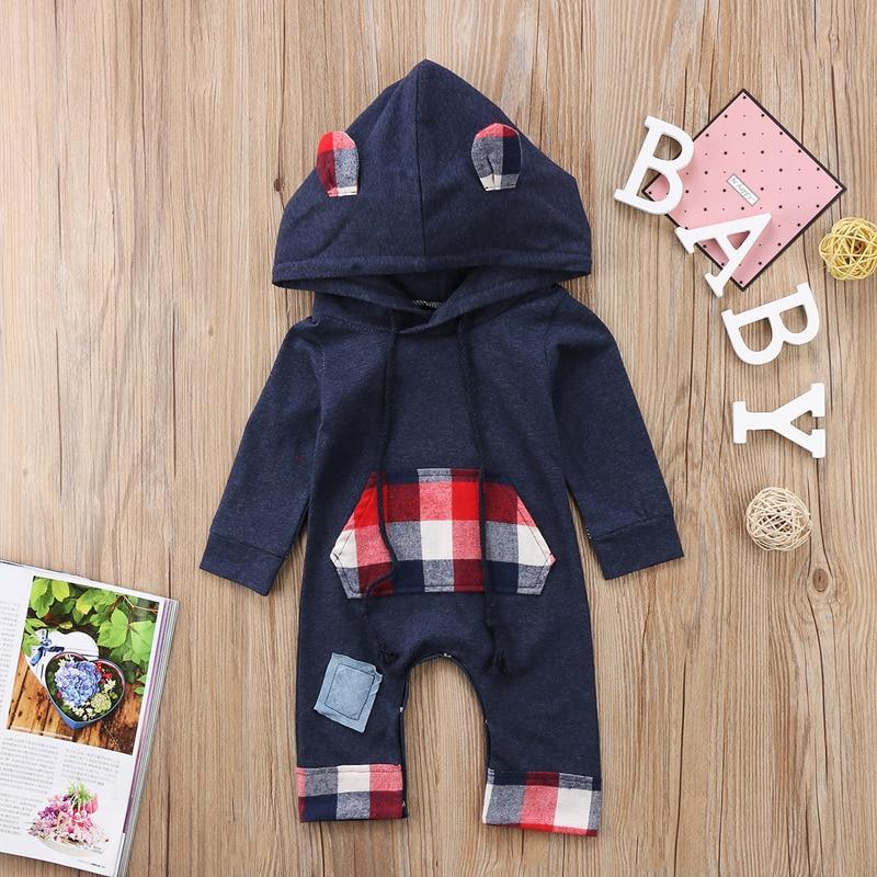 Stevvex navy hooded baby romper with red plaid accents on hood ears, chest pocket and cuffs on Tampa Home & Garden Store