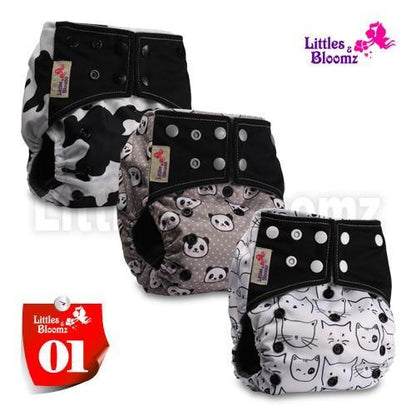 Stevvex cloth pocket nappies set; 3 nappies with camo, panda, cat prints and snap closures on Tampa Home & Garden Store