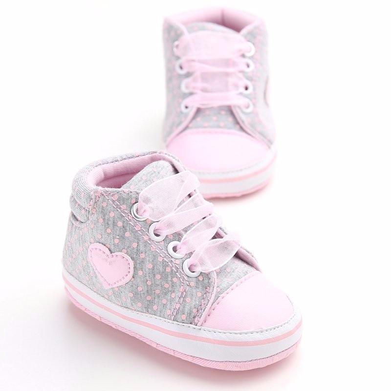 Stevvex infant first walkers sneakers pair, grey fabric with pink laces and heart patch on Tampa Home & Garden Store