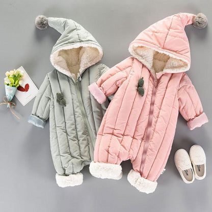 Newborn baby hooded jumpsuits by Stevvex in gray pink with plush lining and pom pom hoods on Tampa Home & Garden Store