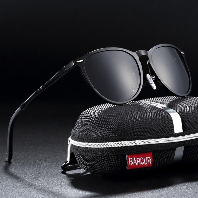 Stevvex retro aluminum sunglasses round polarized UV400 with black metal frame on Barcur case on Tampa Home & Garden Store