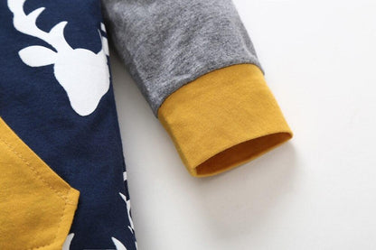 Baby romper long sleeve navy jumpsuit with white deer head print, gray sleeves, mustard cuffs on Tampa Home & Garden Store