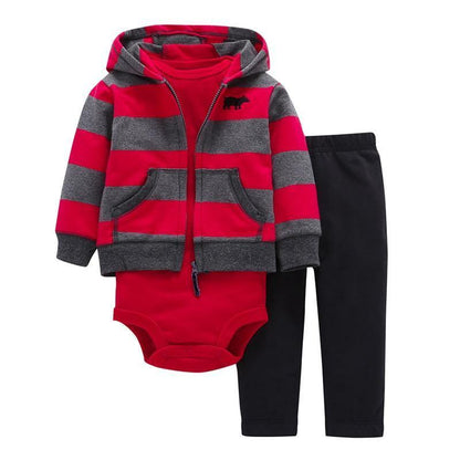 Stevvex 3-piece baby outfit: red/gray hoodie jacket, red cotton bodysuit, black pants on Tampa Home & Garden Store