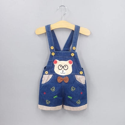 Denim baby overalls with bear-face pocket, glasses, brown bow tie, striped pockets by Stevvex on Tampa Home & Garden Store