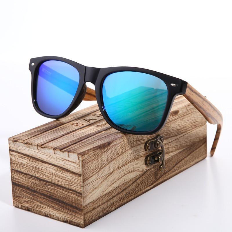 Stevvex bamboo wood sunglasses with blue mirrored lenses in zebra wood style, UV400, with box on Tampa Home & Garden Store
