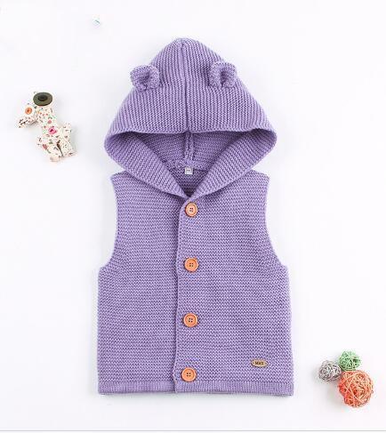 Stevvex lavender knit hooded baby cardigan vest with wooden buttons for newborns on Tampa Home & Garden Store