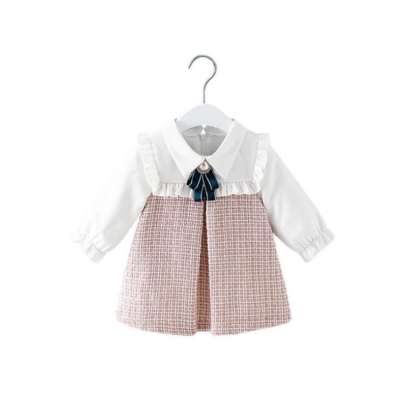 Stevvex baby dress white blouse with pink tweed A-line overlay and navy bow long sleeves on Tampa Home & Garden Store