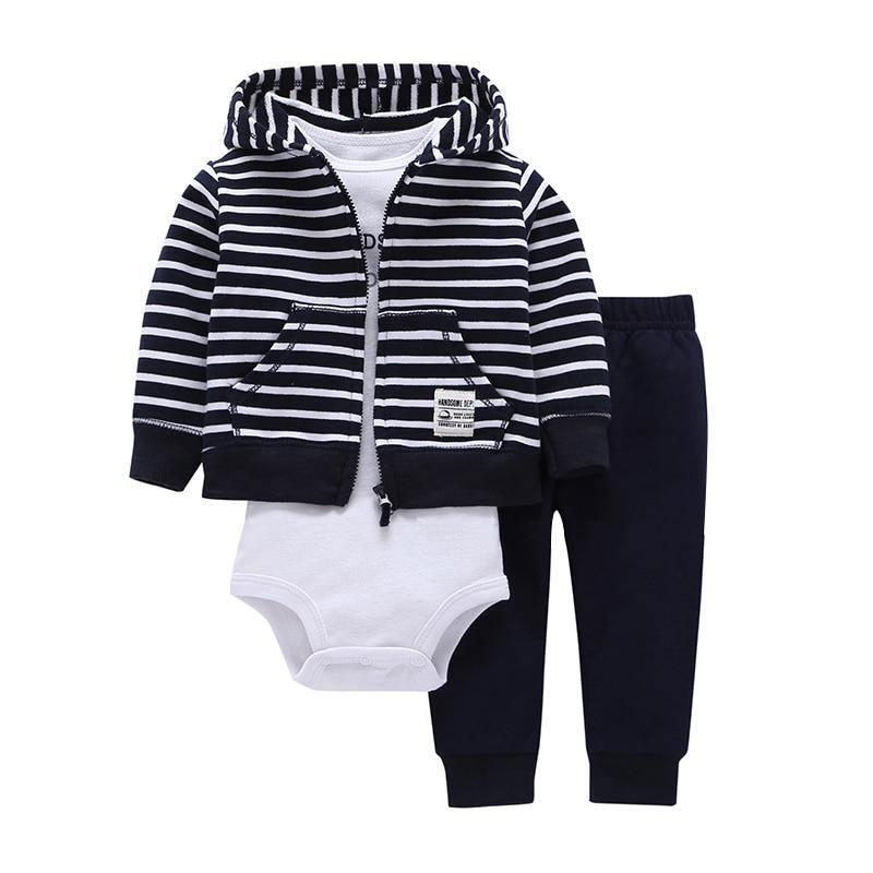 Stevvex 3-piece baby striped hooded jacket set with navy pants and white bodysuit newborn outfit on Tampa Home & Garden Store