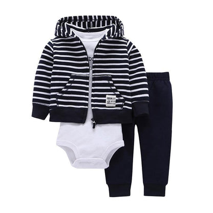 Stevvex 3-piece baby striped hooded jacket set with navy pants and white bodysuit newborn outfit on Tampa Home & Garden Store