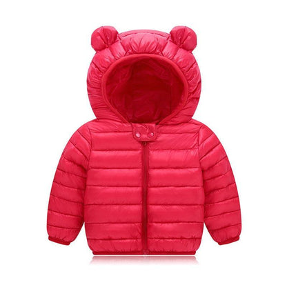 Winter padded jacket for babies in bright red with bear-ear hood Stevvex puffer coat on Tampa Home & Garden Store
