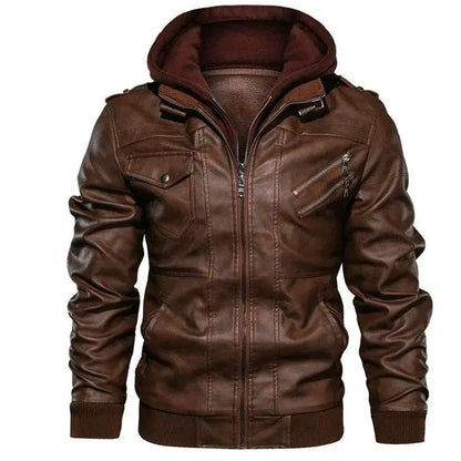 Men's PU Leather Jacket Removable Hood, Biker
