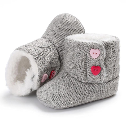 Stevvex baby boots: grey knitted fabric with plush lining and pink heart buttons on Tampa Home & Garden Store