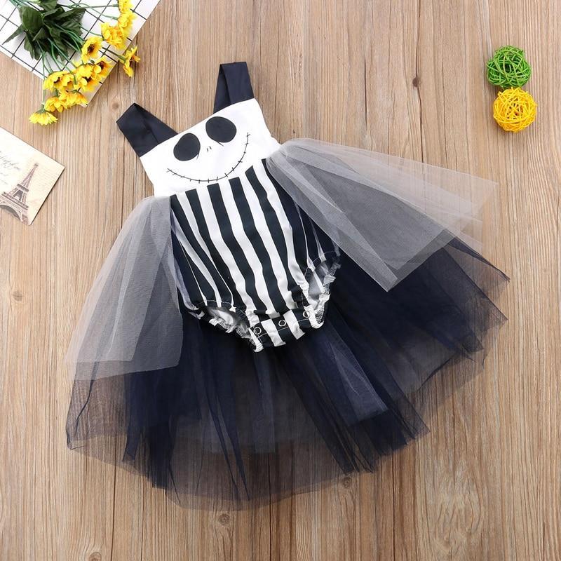 Stevvex infant Halloween dress romper striped bodice with skull, navy tulle skirt on Tampa Home & Garden Store