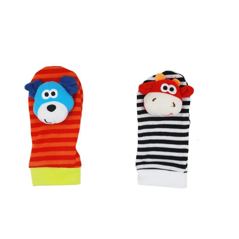 Infant wrist rattles with blue dog on orange stripes and red monkey on black-white stripes 2pk on Tampa Home & Garden Store