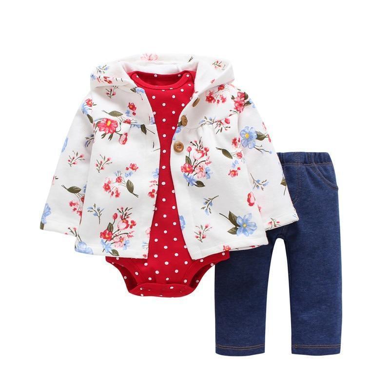 Stevvex baby cotton hooded jacket set with floral jacket, red polka dot romper, navy pants on Tampa Home & Garden Store