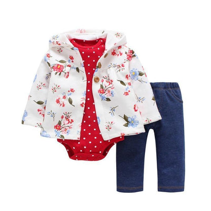 Stevvex baby cotton hooded jacket set with floral jacket, red polka dot romper, navy pants on Tampa Home & Garden Store