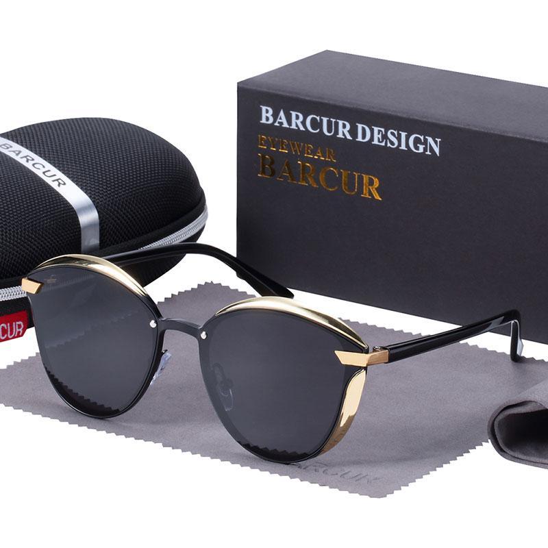 Stevvex round rimless polarized sunglasses with black and gold frame, BARCUR case on Tampa Home & Garden Store