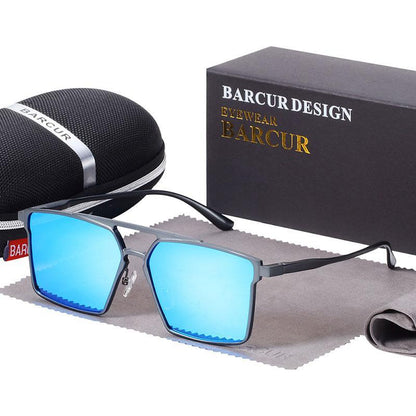 Aluminium square sunglasses with blue mirrored lenses by Barcur Design on Tampa Home & Garden Store