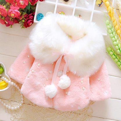 Pink baby fleece coat with white faux fur hood and pearl bead accents Stevvex outerwear on Tampa Home & Garden Store