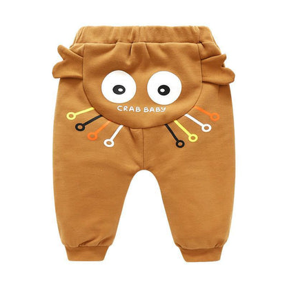 Stevvex brown baby pants with cartoon round-face back panel and colorful lines, high waist on Tampa Home & Garden Store