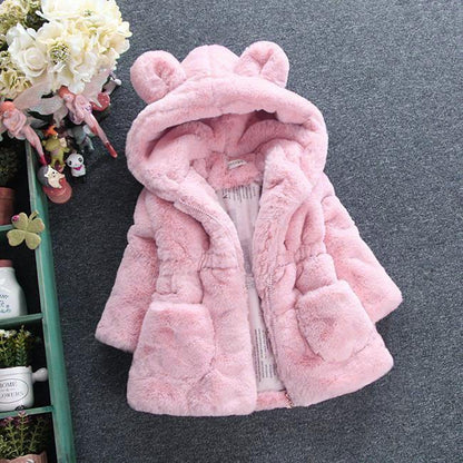 Pink faux fur hooded baby coat with bear ears, Stevvex puffer jacket for girls on Tampa Home & Garden Store