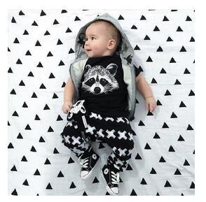 Stevvex baby boy clothes set: black T-shirt with raccoon graphic, black/white houndstooth pants on Tampa Home & Garden Store