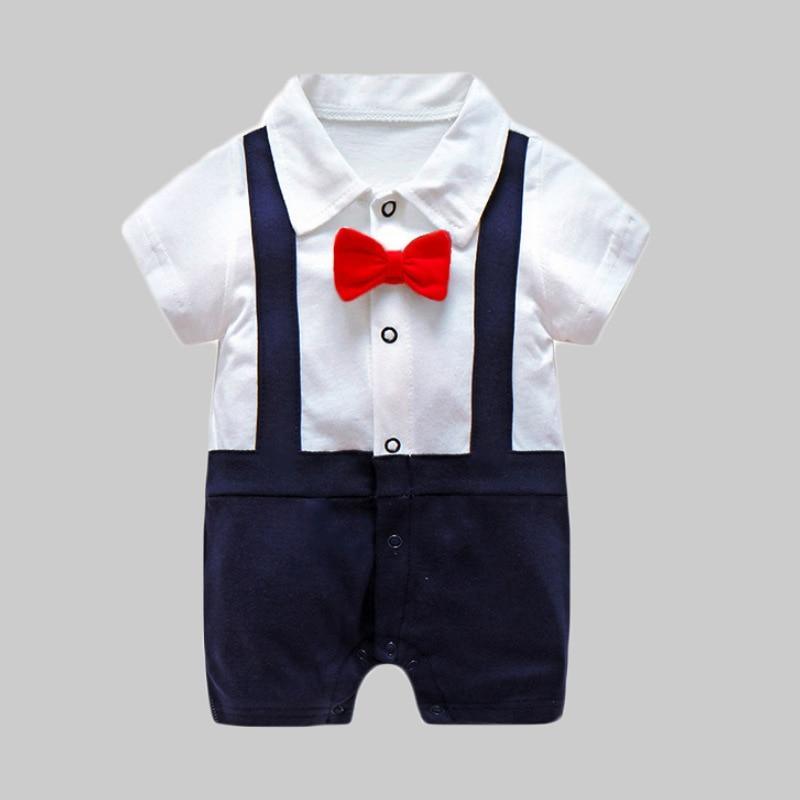 Stevvex Modern Luxury baby romper: white shirt, navy suspenders, red bow tie, navy shorts 0-12M on Tampa Home & Garden Store