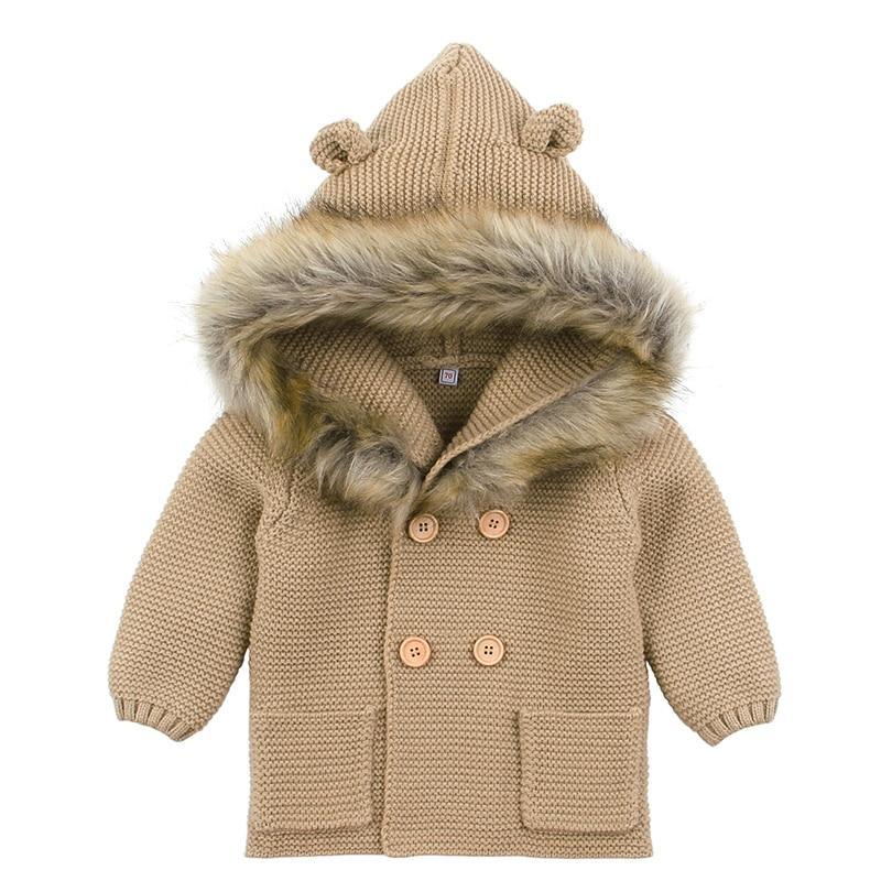Stevvex baby knit winter cardigan with fur hood beige, double-breasted buttons, front pockets on Tampa Home & Garden Store