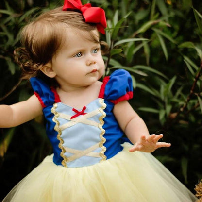Stevvex baby dress with blue bodice, blue panel, gold trim, yellow tutu skirt and red headband on Tampa Home & Garden Store