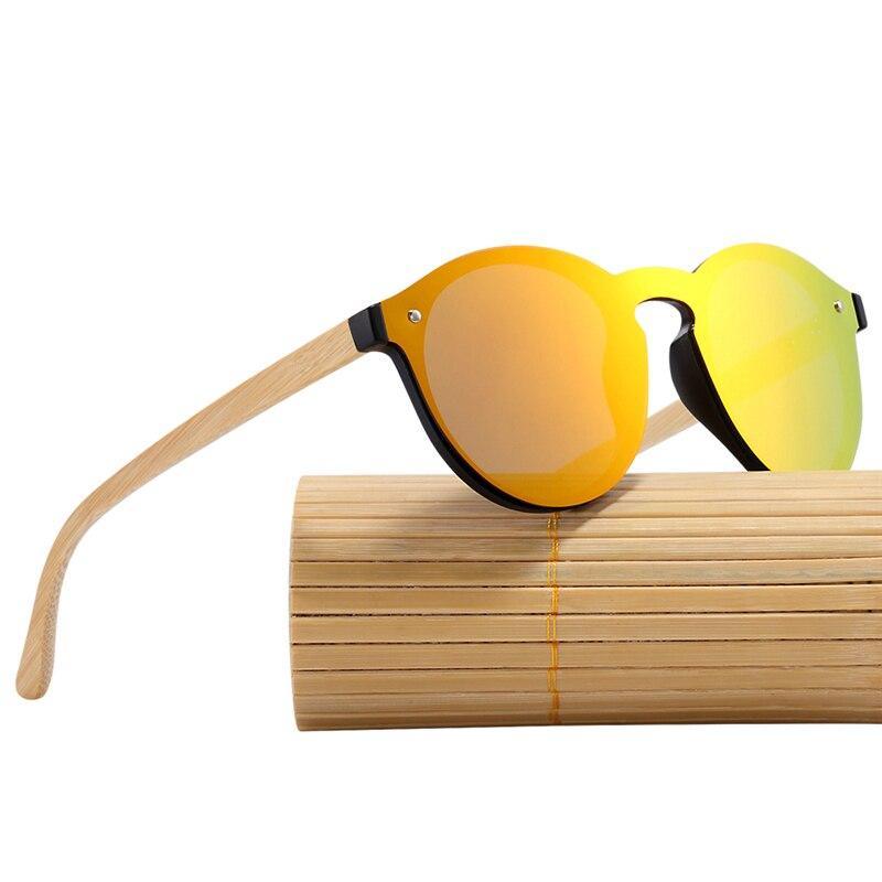 Stevvex bamboo wood round sunglasses with spring hinges, yellow lenses, UV400 protection on Tampa Home & Garden Store
