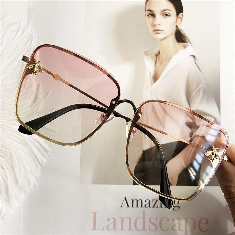 Oversize square sunglasses Stevvex with gradient pink lenses and gold frame bee accents on Tampa Home & Garden Store