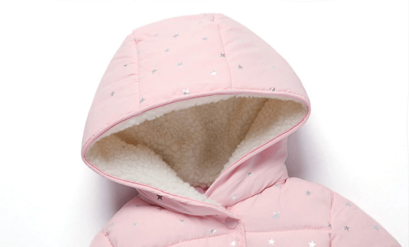 Stevvex pink hooded baby padded jacket with white sherpa lining and silver star print on Tampa Home & Garden Store