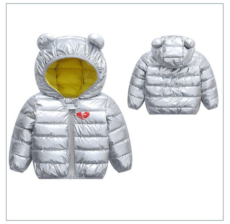 Infant silver puffer jacket with bear-ear hood, yellow lining, Stevvex, front zip on Tampa Home & Garden Store