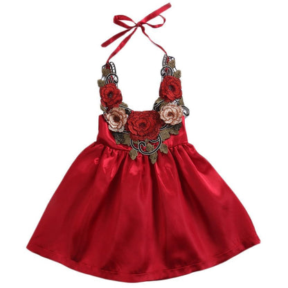 Stevvex red satin baby girl dress with 3D floral applique halter neckline on Tampa Home & Garden Store
