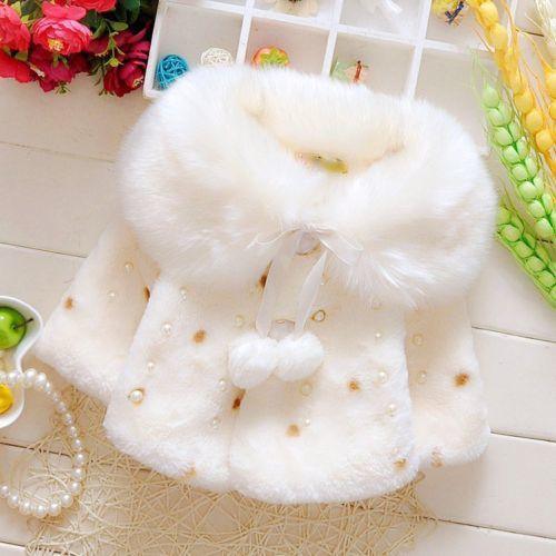 Baby toddler white faux fur coat by Stevvex with large collar and pearl bead embellishments on Tampa Home & Garden Store