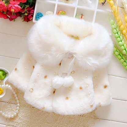 Baby toddler white faux fur coat by Stevvex with large collar and pearl bead embellishments on Tampa Home & Garden Store