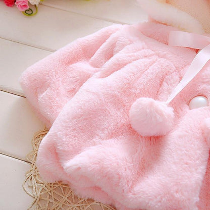 Baby girls pink plush rabbit-hood coat with fluffy pom-pom accents, soft faux fur Stevvex on Tampa Home & Garden Store